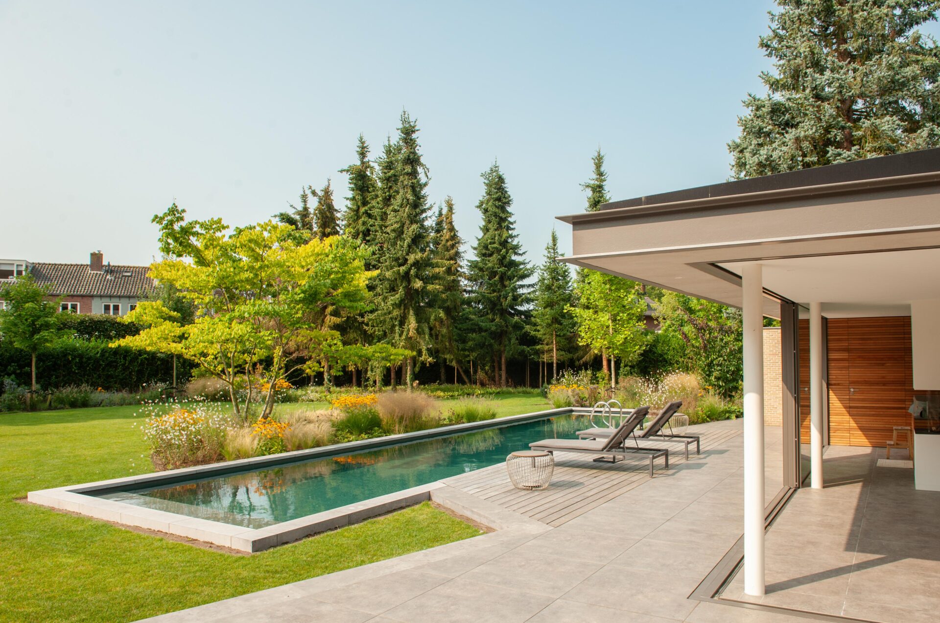 Strakke living pool naast een modern terras, omringd door gazon, siergrassen, bloemen en hoge bomen.