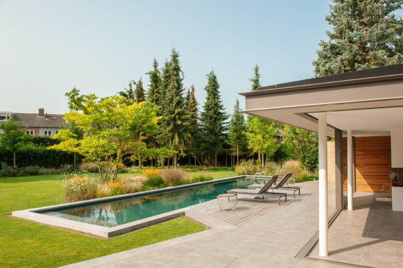 Strakke living pool naast een modern terras, omringd door gazon, siergrassen, bloemen en hoge bomen.